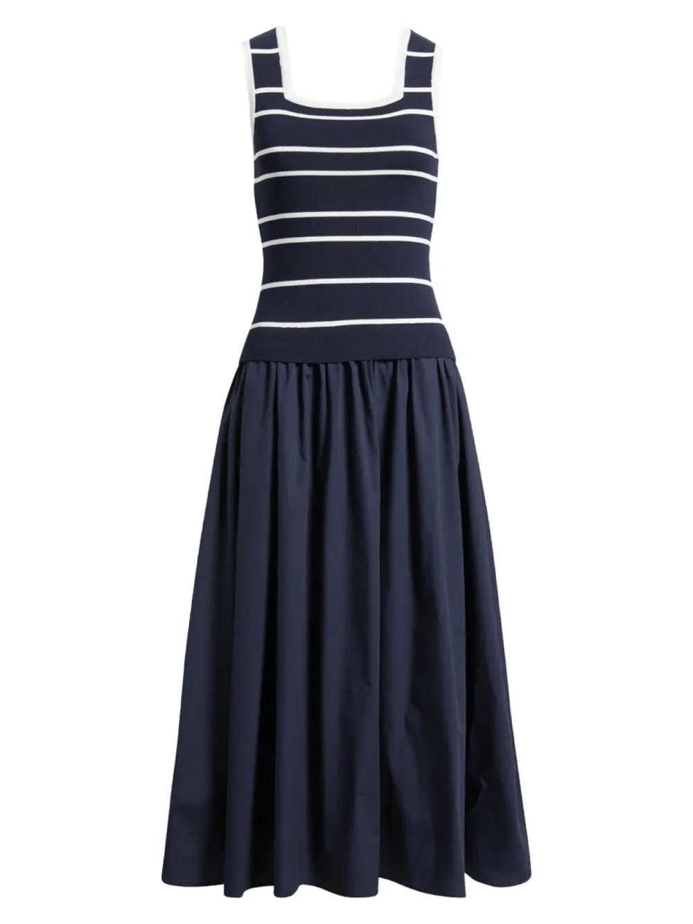 Zoe and Claire Mixed Media Sleeveless Midi Dress in Navy Blue and White - Picture 10 of 11